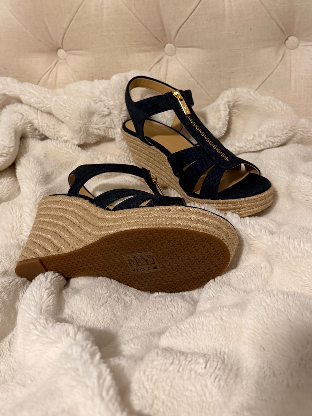MICHAEL Michael Kors Navy Espadrille Wedge Sandals with Gold Zip